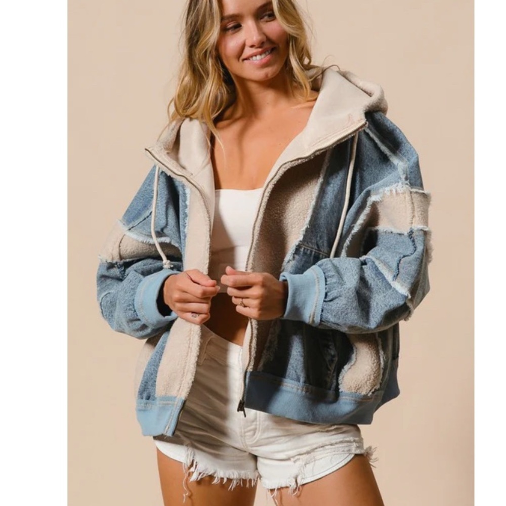 BiBi Blue Denim and Cream Sherpa Hooded Jacket - Picture 3 of 12